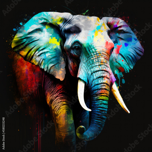 An elephant painted with multicolored paint on black background. Generative AI. © valentyn640