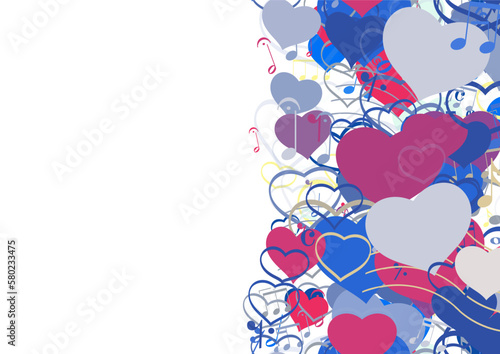 Background pattern abstract design texture. Vertical seamless stripe. Border frame, transparent background. Theme is about relations, hearts, minim, demisemiquaver, semiquaver, semibreve