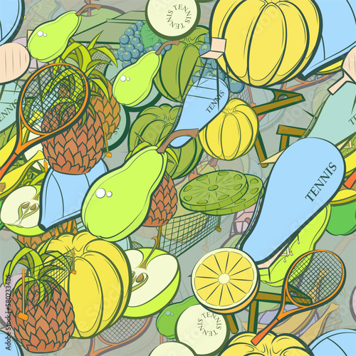 Background pattern abstract design texture. Seamless. Tennis and Fruits. Theme is about mandarin, incision, mini-tennis, grapes, case, Apple, pin, berries, pear, lathing, netting, branch