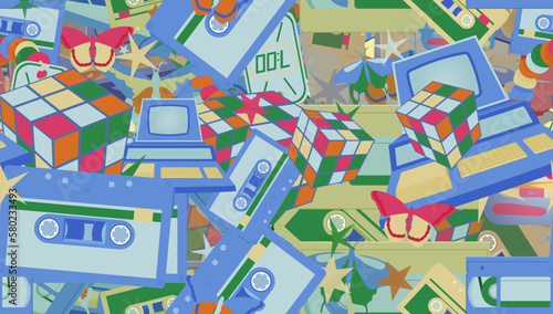 Background pattern abstract design texture. Seamless. Theme is about shapes, clock, wildlife, Monarch, decoration, retro, graphic, video, boombox, tropical, delicate, audio, rubix cube