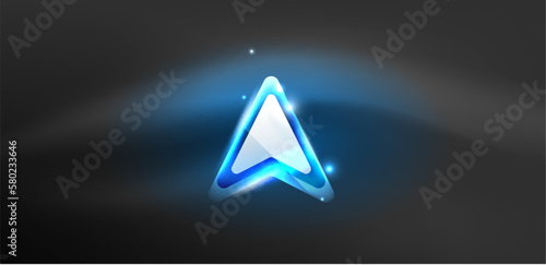 Neon speed arrow and line shapes background. Hi-tech concept with shiny backdrop. Bright flare light effect in the dark