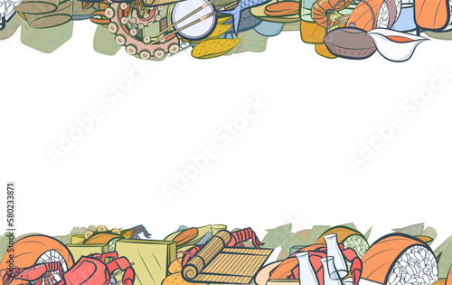Background pattern abstract design texture. Japanese food and Seafood. Horizontal seamless stripes. Border frame, transparent background. Theme is about bamboo mat, sauce bottle, yummy, 