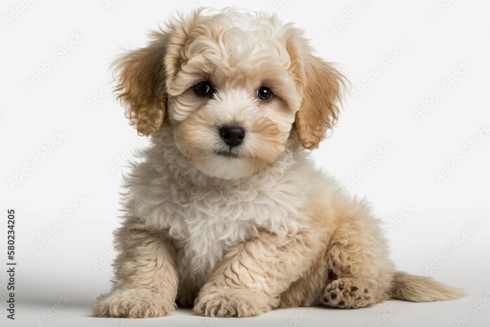Maltipoo dog. Maltese and Poodle mix puppy on white background. Generative AI