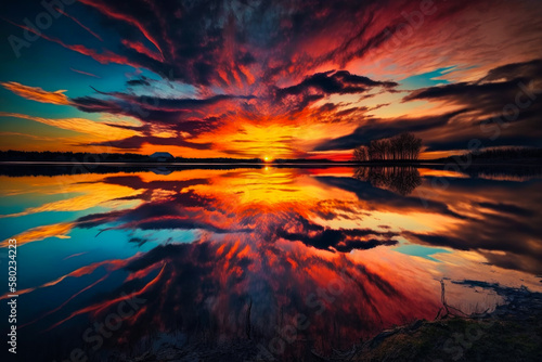 Sunset over lake with clouds in the sky. Generative AI.