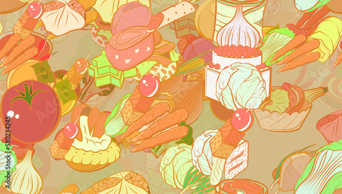 Background pattern abstract design texture. Seamless. Snacks and Health food. Theme is about egg, onion feathers, peel, head of cab, biscuit, spring onions, cucumber roll, strung up, protein