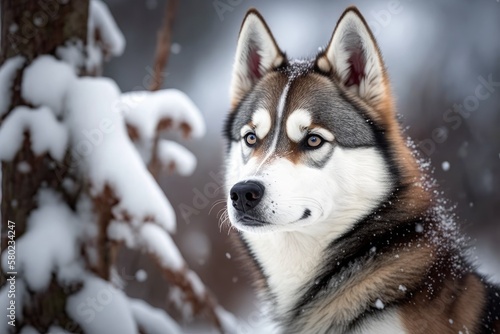 a Siberian husky  in agouti  in the snow. Generative AI