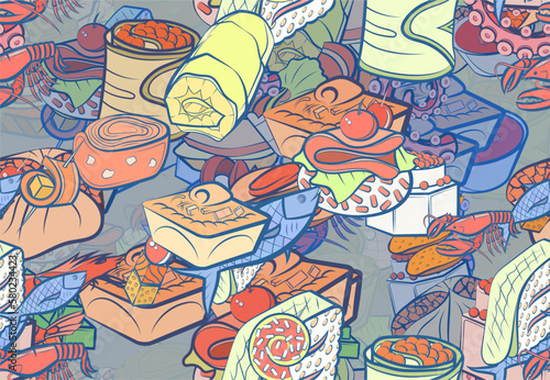 Background pattern abstract design texture. Seamless. Seafood and Snacks. Theme is about yummy, lobster, sausage, soup, cherry, stick, liquids, salad, seafood, bacon, wrapped up, crab