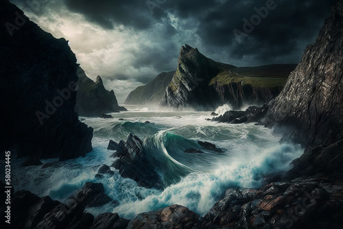 Stormy ocean surrounded by rocky cliffs. Generative AI.
