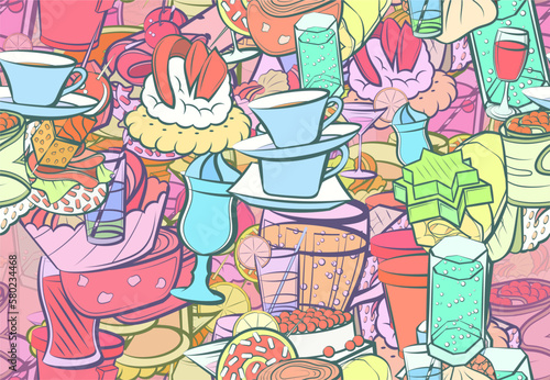 Background pattern abstract design texture. Seamless. Drinks and Snacks. Theme is about wrapped up, bacon, stick, cola, cardboard, dough, salad, stand, spiral, tea, beer, twisted filling