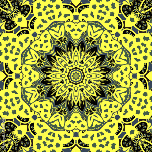 Seamless tile texture. Tracery mehndi design image. Dark toxic colors. Ethnic doodle art. Curved doodling picture. Vector