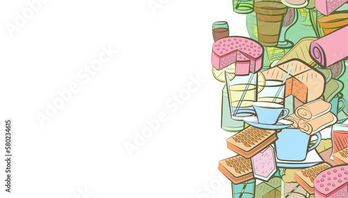 Background pattern abstract design texture. Bakery products and Drinks. Vertical seamless stripe. Border frame, transparent background. Theme is about sennit, pie, divided, compote, cocktail