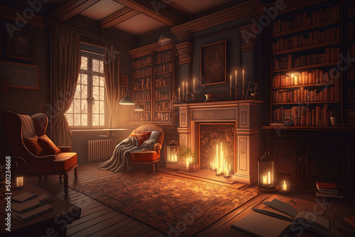 Room with fireplace and bookshelves. Generative AI.