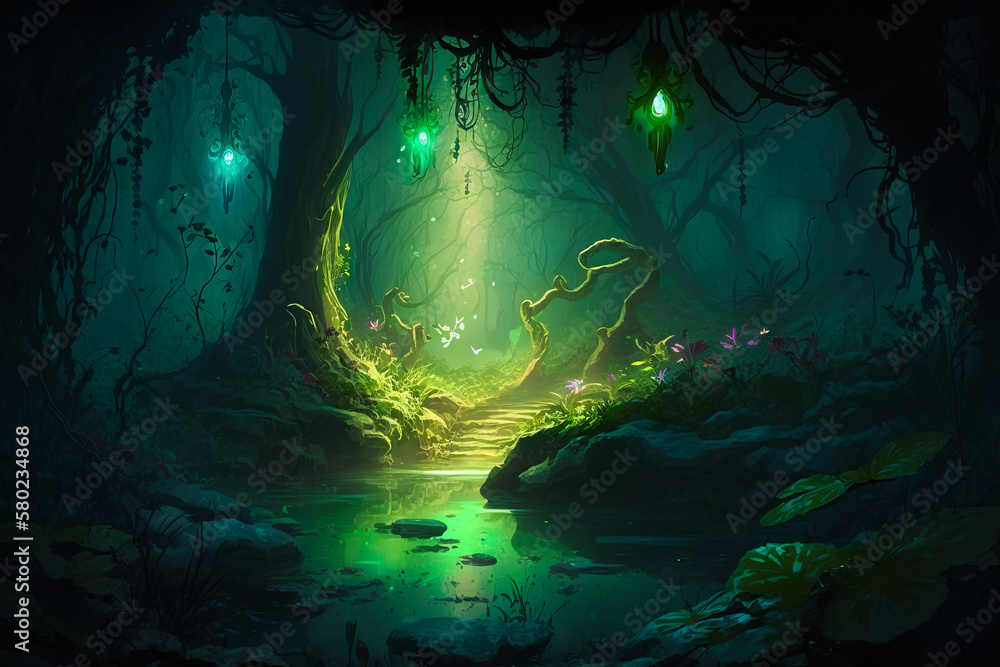 An image of dark forest with green lights. Generative AI.