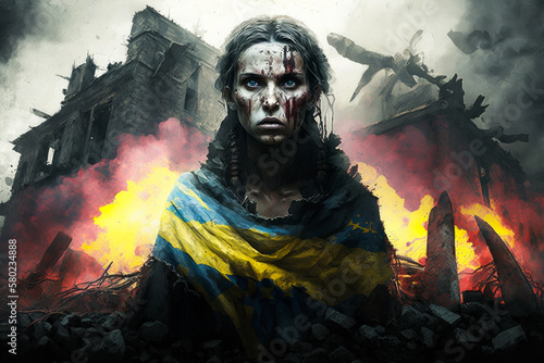 Woman with Ukraine flag on her face is standing in front of destroyed building. Generative AI.