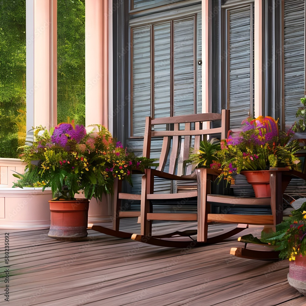 12 A front porch with rocking chairs and potted plants 1_SwinIRGenerative AI