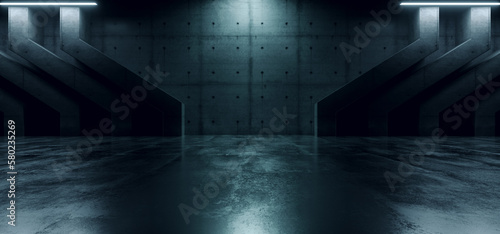 Fototapeta Naklejka Na Ścianę i Meble -  Futuristic Alien Spaceship Cyber Empty Concrete Cement Asphalt Bunker Underground Shelter Showroom Studio Dark Grunge 3D Rendering