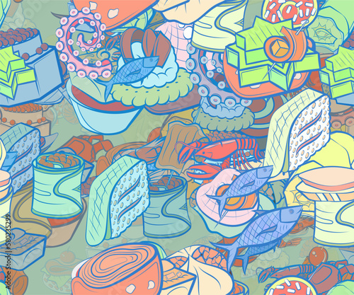 Background pattern abstract design texture. Seamless. Seafood and Snacks. Theme is about lettuce leaf, sausage, meat, rice, twisted filling, crab meat, stick, pancake, nautical, sea, yummy