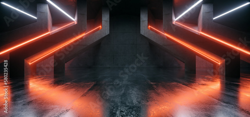 Fototapeta Naklejka Na Ścianę i Meble -  Cyber Laser Neon Orange Glowing Beams Sci Fi Futuristic Hangar Underground Cement Concrete Barn Bunker Hallway Tunnel Corridor Parking 3D Rendering
