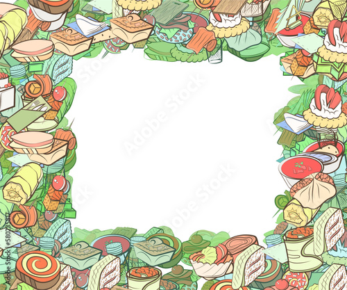 Background pattern abstract design texture. Snacks and Table setting. Border frame, transparent background. Theme is about star, cake, squares, spiral, cucumber, fork, caramel, pancake, container