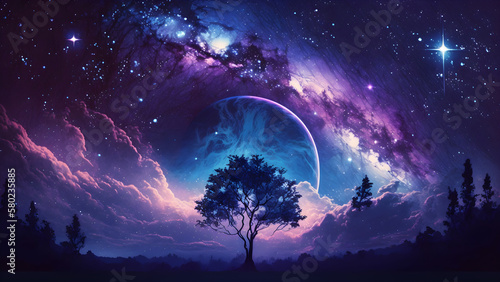 Canvastavla Starry Night Sky Epic Fantasy Landscape of Purple Galaxies | Moonlit Reflection