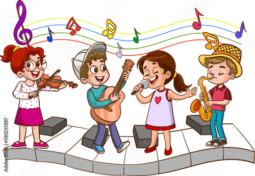Cartoon group of children singing and dancing in the school choir