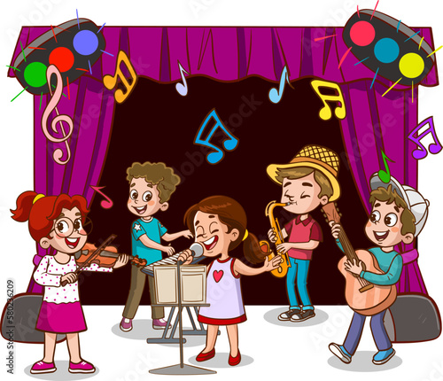 Cartoon group of children singing and dancing in the school choir