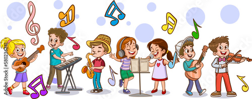 Cartoon group of children singing and dancing in the school choir