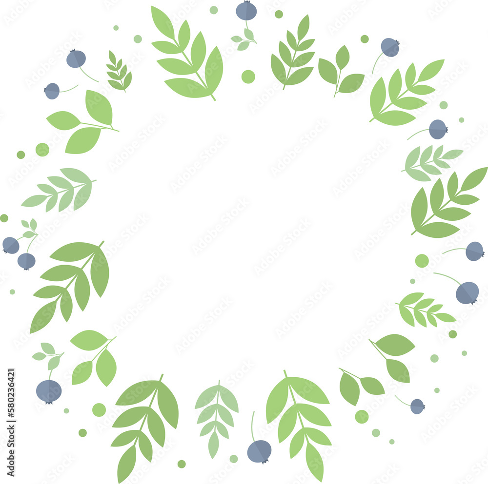 Round frame of blueberries and green leaves and twigs in flat