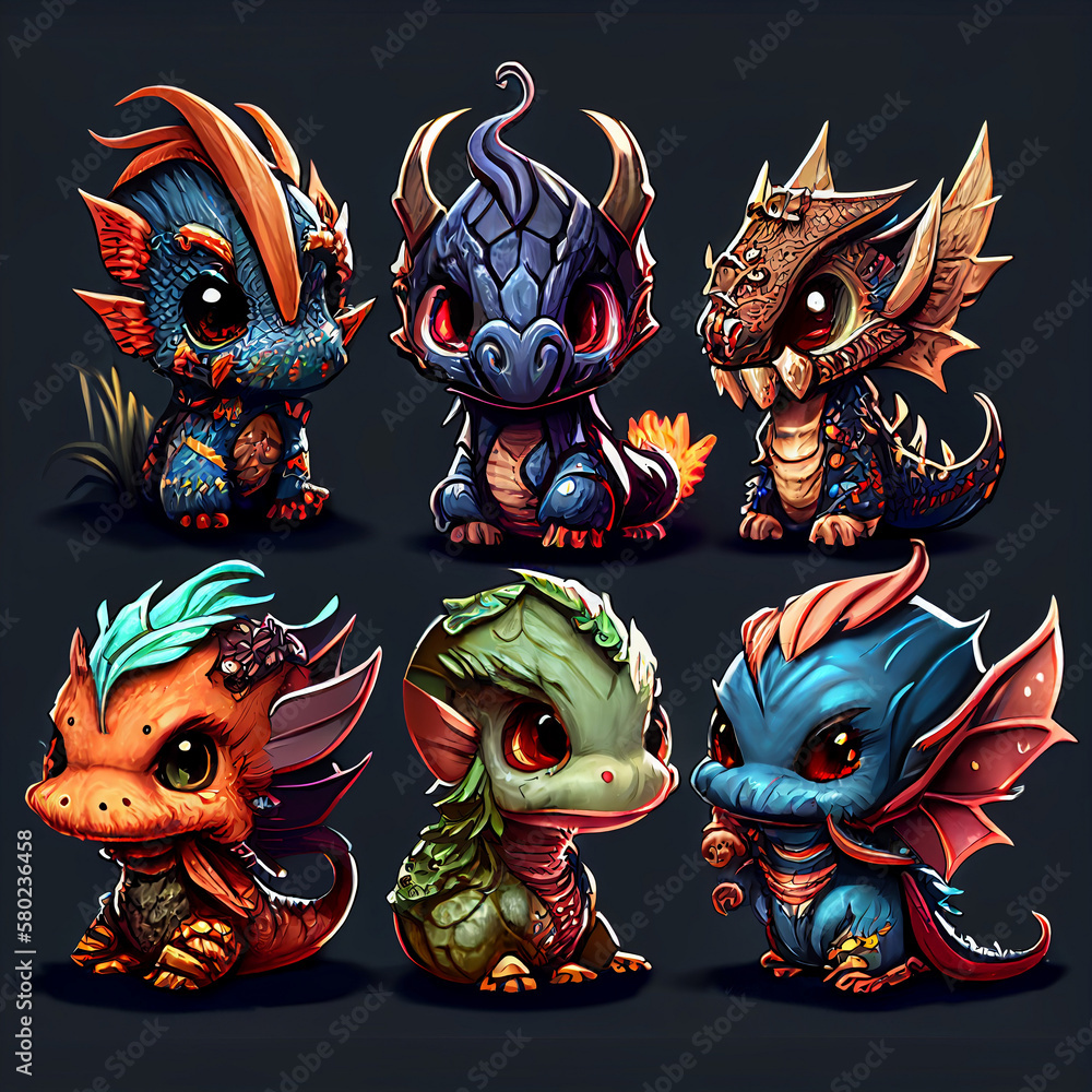 5 chibi dragons, doodle art, 8k ,Generative AI Stock Illustration ...