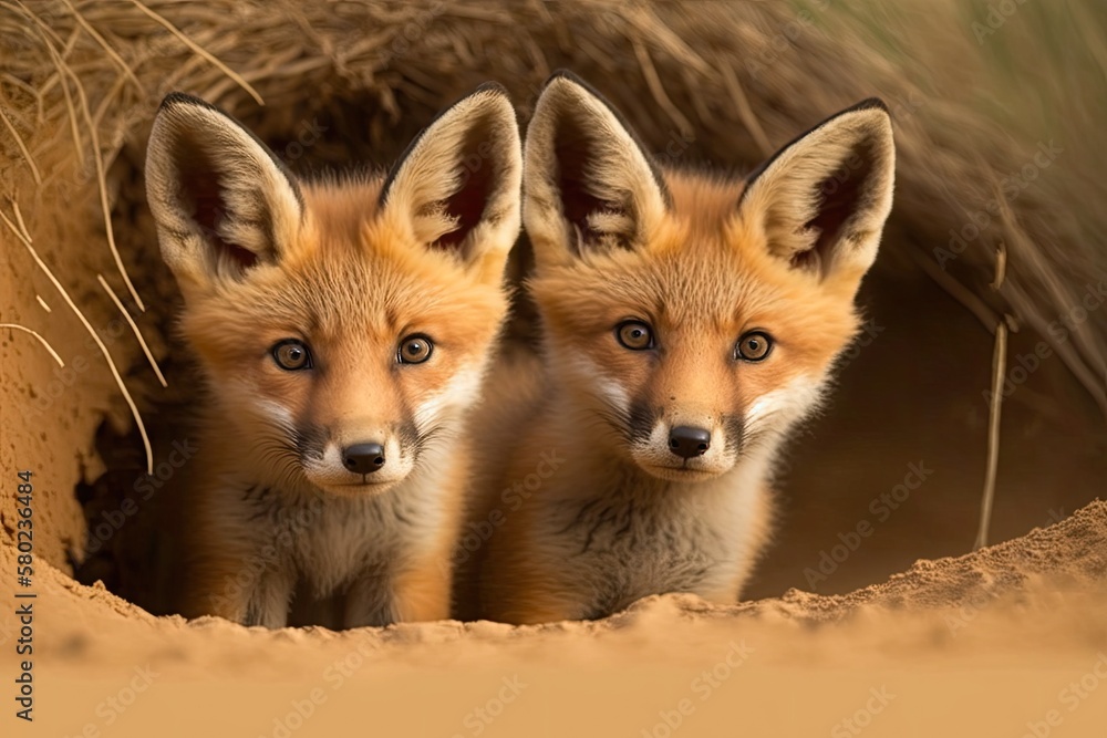 Red fox cubs, which are called vulpes vulpes, are looking at the camera in the field. Cute fox brother or sister exploring the countryside. Cute baby animals coming out of their burrows without their Red fox cubs, which are called vulpes vulpes, are looking at the camera in the field. Cute fox brother or sister exploring the countryside. Cute baby animals coming out of their burrows without their
