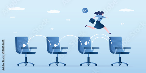 Job hopping, change many jobs in short time, move to new better career or position, smart woman candidate jumping from office chair to new. Often changing works.