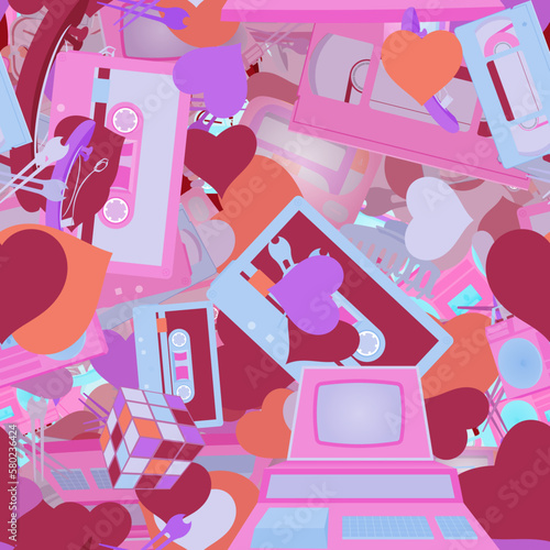 Background pattern abstract design texture. Seamless. Theme is about clip, VHS, hair clips, hearts, candy watches, computer, slip, cassette, retro, hairpin, comb, hairstyle, claw, clock