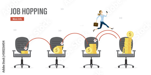 Job hopping, change many jobs in short time, move to new better career or position, smart businesswoman candidate jumping from office chair to new.. Salary increase, job promotion