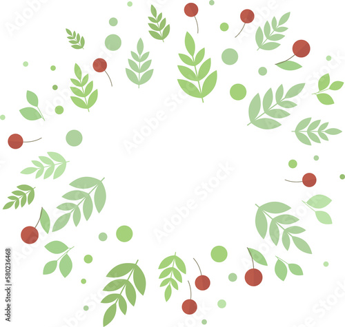 Round frame of cherries and green leaves and twigs in flat