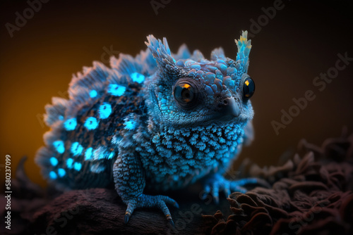 Fototapeta Naklejka Na Ścianę i Meble -  Mystical glowing Lizard or Reptile in a magical nature. Isolated on blurred background. Stunning animals in nature travel or wildlife photography made with Generative AI