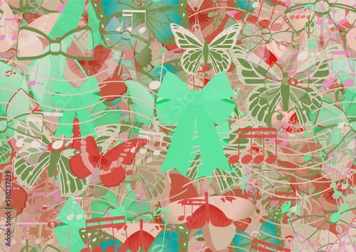 Background pattern abstract design texture. Seamless. Theme is about vector, dressing, repeat, silhouette, spring, colorful, Red Admiral, summer, demisemiquaver, tropical, semibreve, fly
