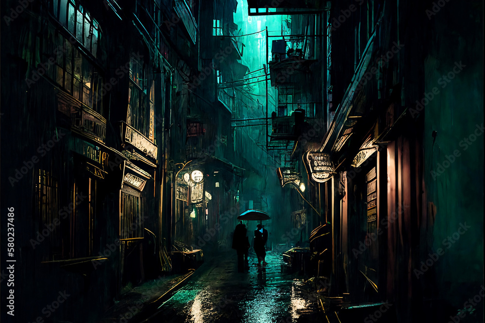 a dark alley, Paint-by-Numbers then Loose Gestural, steampunk style, dramatic lighting, Cinematic,Generative AI
