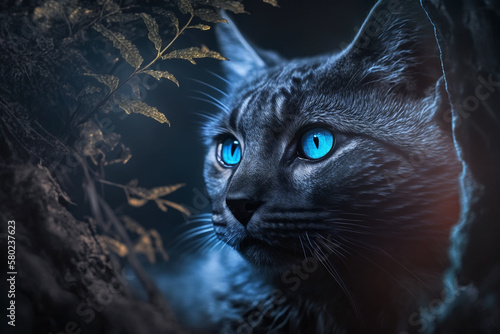 Mystical glowing big cat in a magical nature. Isolated on blurred background. Stunning animals in nature travel or wildlife photography made with Generative AI photo