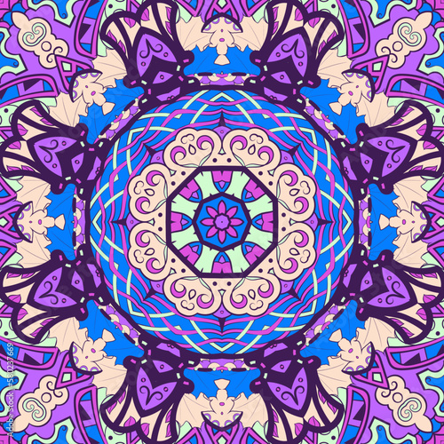 Seamless tile texture. Tracery mehndi design image. Ethnic doodle art. Curved doodling picture. Vector