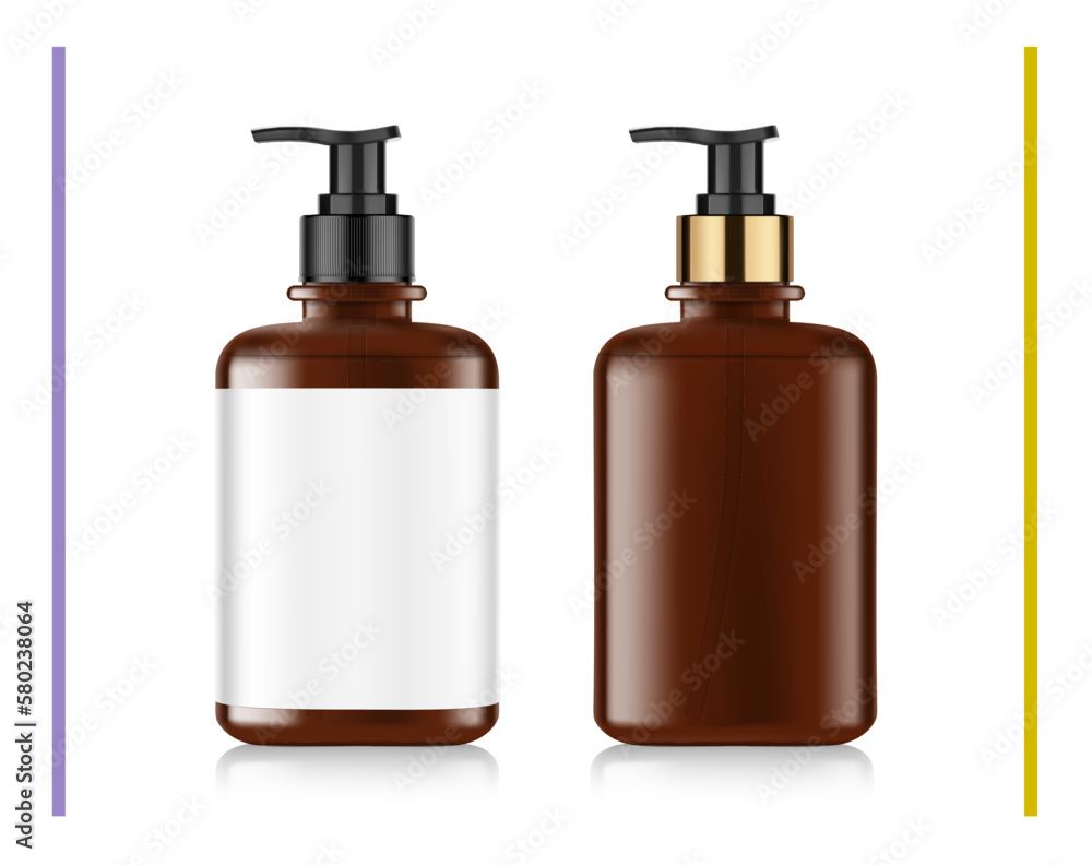 Realistic brown bottle with black dispenser mockup. Vector illustration isolated on white background. Perfect for the presentation of cream, tonic, soap disinfectant, etc. EPS10. Realistic brown bottle with black dispenser mockup. Vector illustration isolated on white background. Perfect for the presentation of cream, tonic, soap disinfectant, etc. EPS10.
