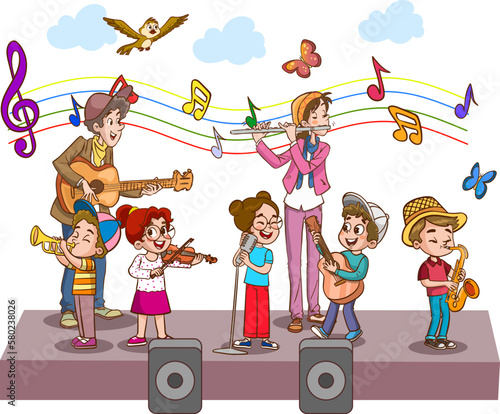 Cartoon group of children singing and dancing in the school choir