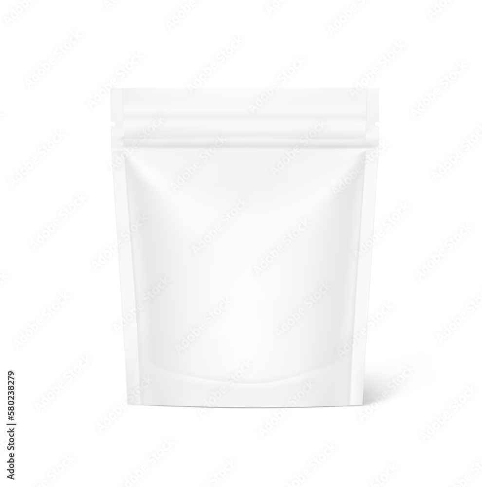 Realistic clean stand up pouch bag mockup. Vector illustration isolated on white background. Front view. Can be use for template your design, presentation, promo, ad. EPS10. Realistic clean stand up pouch bag mockup. Vector illustration isolated on white background. Front view. Can be use for template your design, presentation, promo, ad. EPS10.