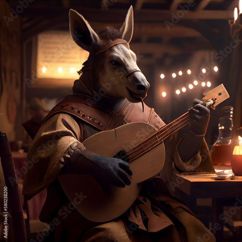 Donkey playing music behind a table