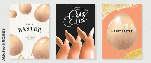 Happy Easter luxury element cover vector set. Elegant realistic ceramic rabbit shape and 3D shiny easter egg with glitter brush texture. Adorable glamorous design for decorative, card, kids, poster.