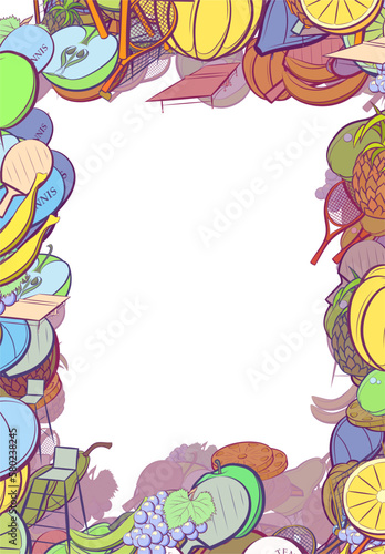 Background pattern abstract design texture. Tennis and Fruits. Border frame, transparent background. Theme is about ping-pong, leaflet, tennis racket case, orange, case, grapes, table, chair