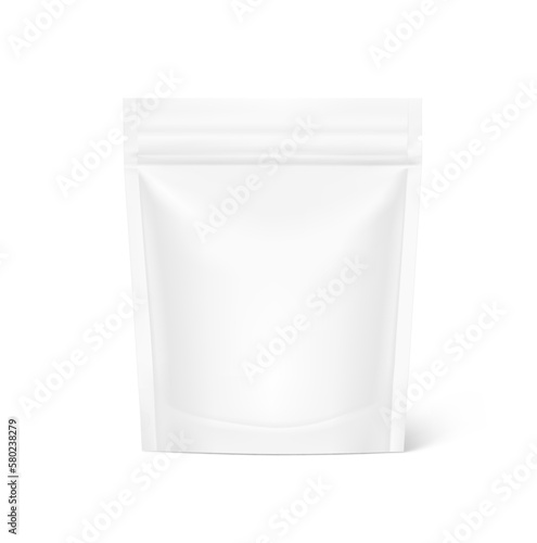 Realistic clean stand up pouch bag mockup. Vector illustration isolated on white background. Front view. Can be use for template your design, presentation, promo, ad. EPS10.	