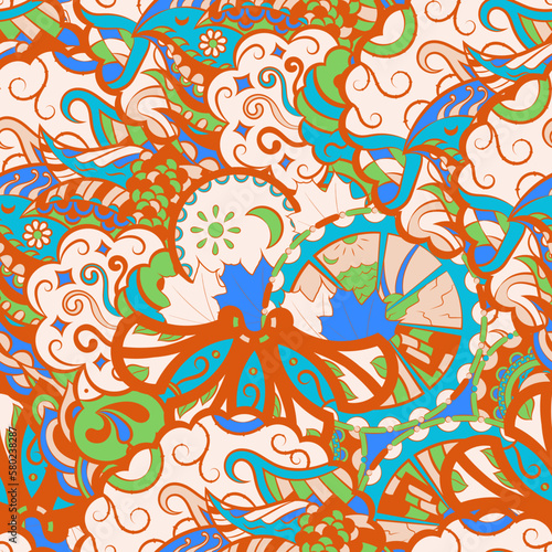 Tracery seamless pattern. Mehndi design. 6 colors. Ethnic doodle texture. Curved doodling background. Vector