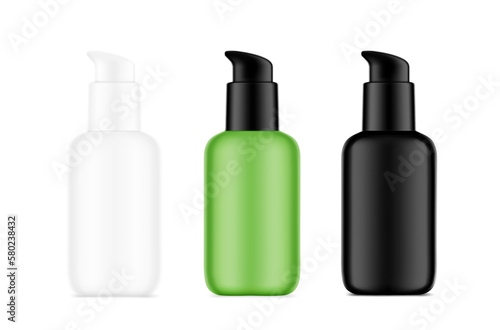 Airless pump bottles mockup. Vector illustration isolated on white background. Сan be used for cosmetic, medical and other needs. Symmetrical lighting scheme. EPS10. 