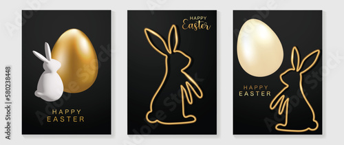 Happy Easter luxury element cover vector set. Elegant 3D shiny gold easter egg with white and gold line rabbit shape on black background. Adorable glamorous design for decorative, card, kids, poster.