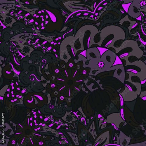 Tracery seamless pattern. Mehndi design. Dark sharp colors. 7 colors. Ethnic doodle texture. Curved doodling background. Vector